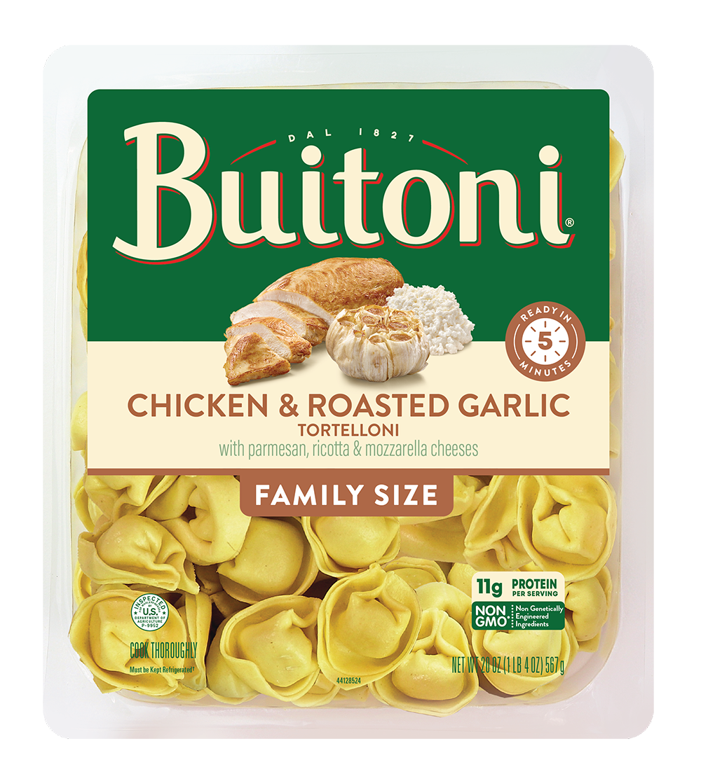Chicken & Roasted Garlic Tortelloni – 20 oz. Family Size Packaging.