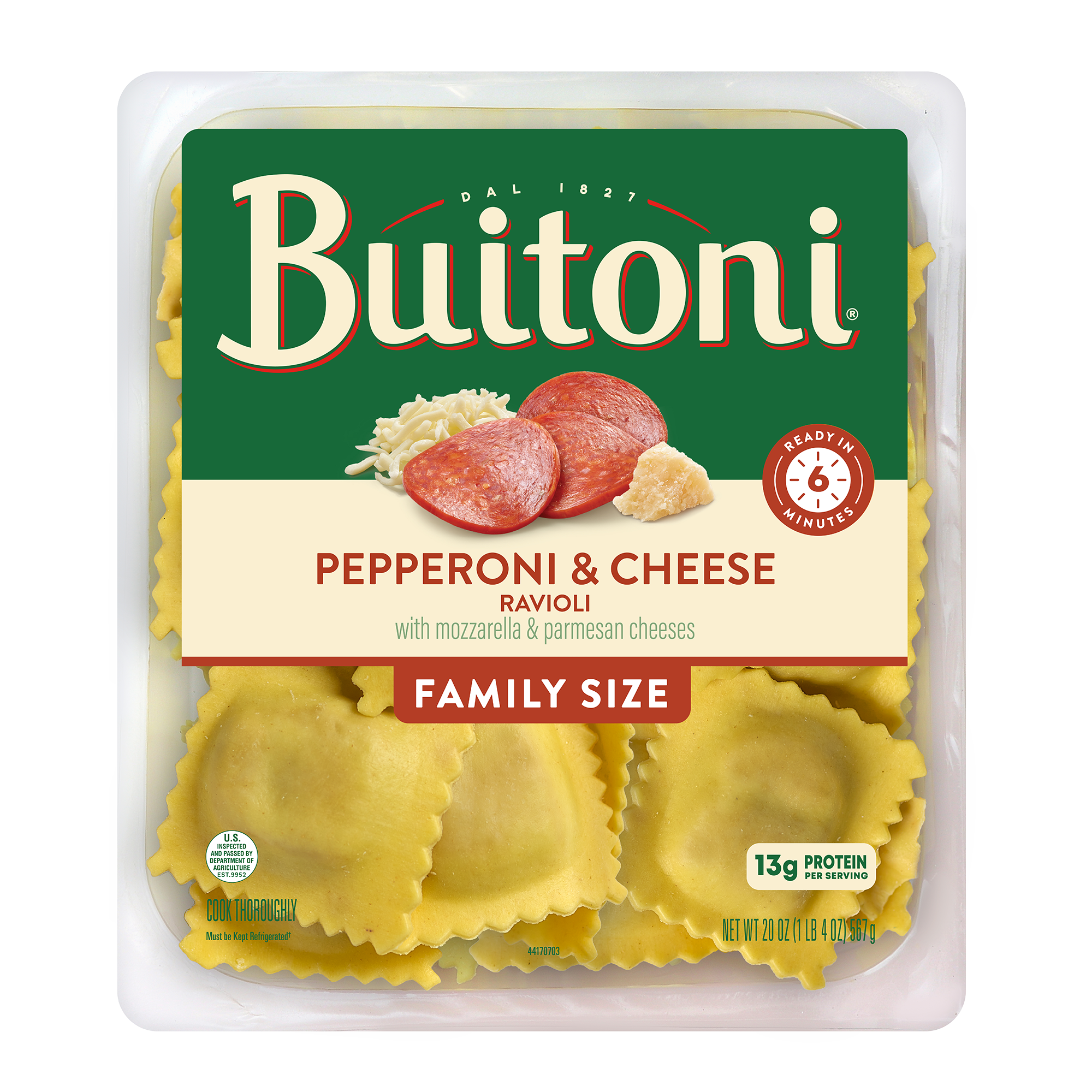 Pepperoni & Cheese Ravioli – 20 oz. Family Size Packaging.
