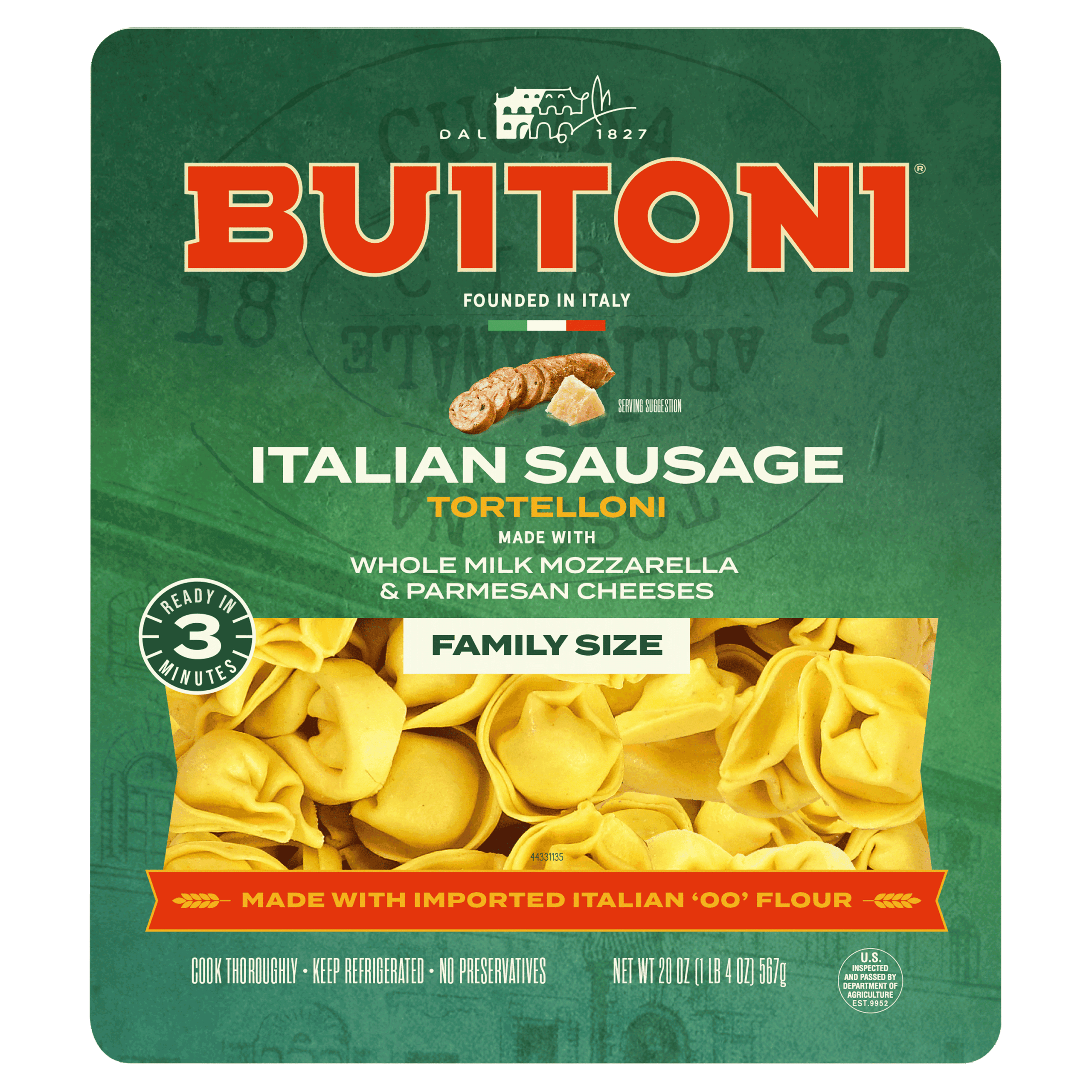 Italian Sausage Tortelloni – 20 oz. Family Size Packaging.