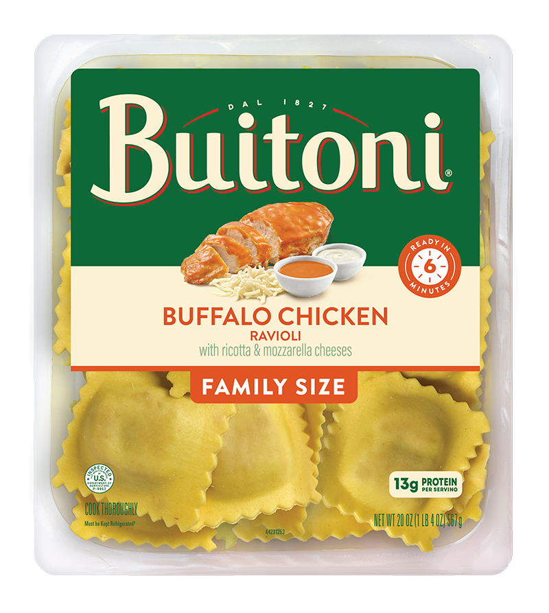 Buffalo Chicken Ravioli – 20 oz. Family Size Packaging.